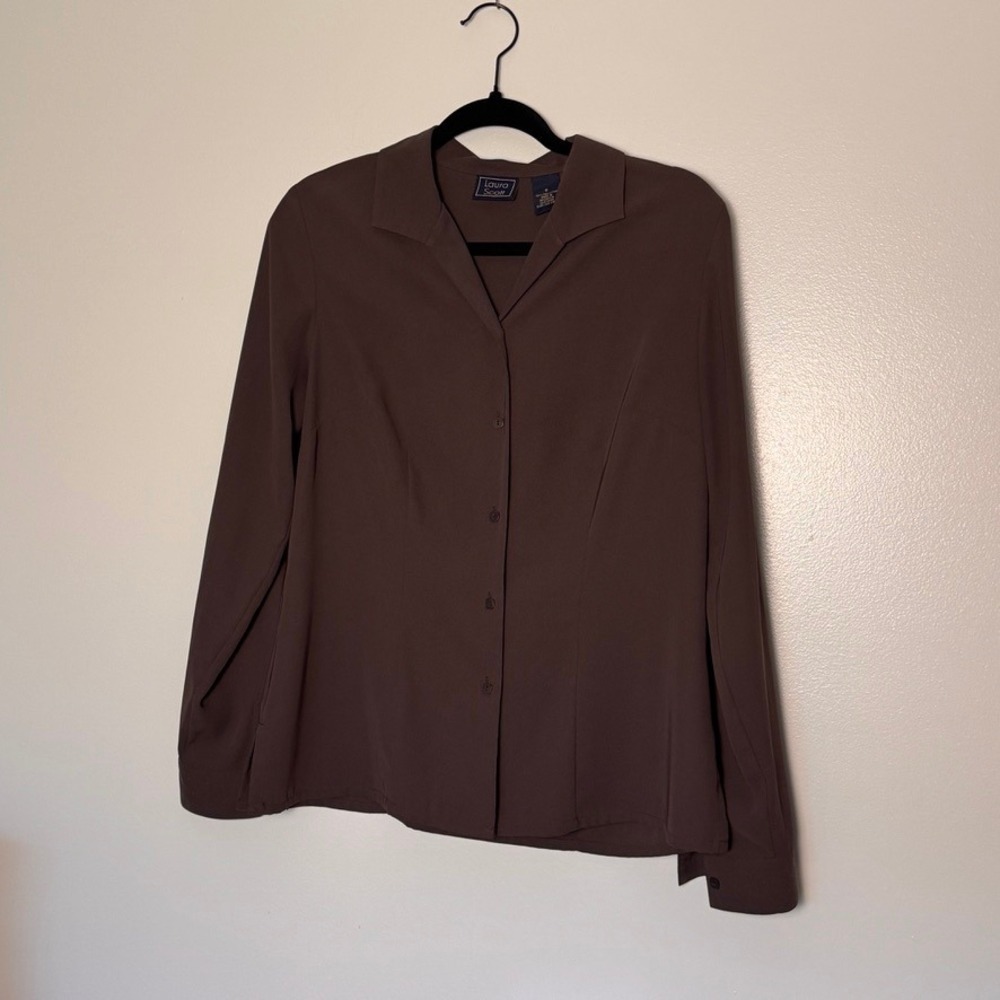 Laura Scott Womens Brown Long Sleeve Button Down Blouse Shirt Size 8